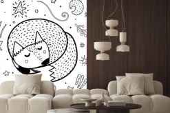 Fototapeta: Cute sleeping fox coloring page. black and white print with funny