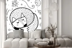 Fototapeta: Cute sleeping fox coloring page. black and white print with funny