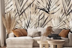 Fototapeta: Czarne liście palm na beżowej ścianie