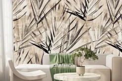 Fototapeta: Czarne liście palm na beżowej ścianie