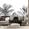 Fototapeta: Czarno biały wzór z palmami i liśćmi bananowca