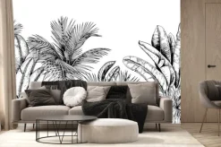 Fototapeta: Czarno biały wzór z palmami i liśćmi bananowca