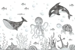 Fototapeta: Czarno-biała ilustracja wieloryba i ośmiornicy