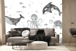 Fototapeta: Czarno-biała ilustracja wieloryba i ośmiornicy