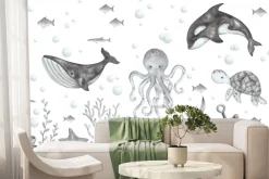 Fototapeta: Czarno-biała ilustracja wieloryba i ośmiornicy