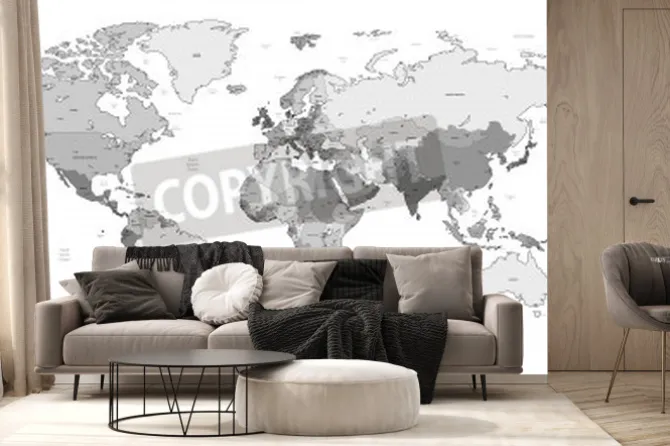 Fototapeta: Czarno-biała mapa świata z napisami