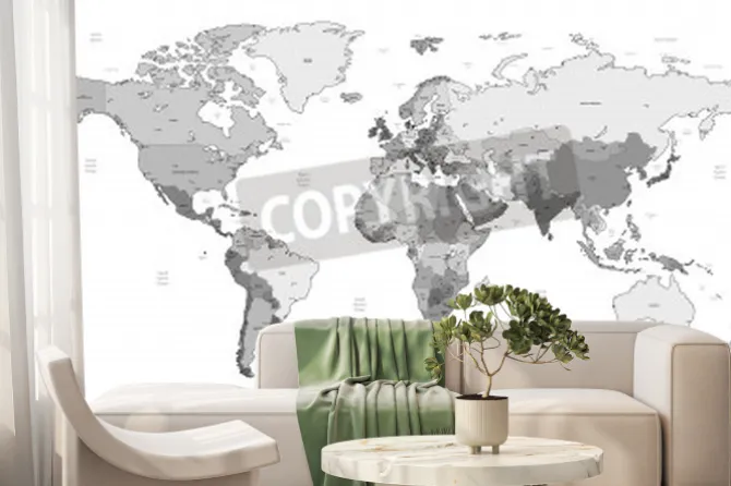 Fototapeta: Czarno-biała mapa świata z napisami