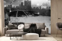 Fototapeta: Czarno-biała taksówka i statua wolności