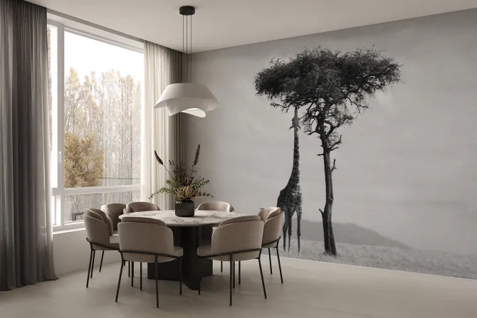 Fototapeta: Czarno-białe safari z drzewem i żyrafą