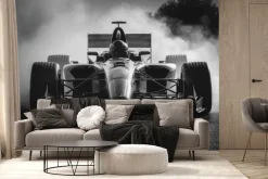 Fototapeta: Czarno-białe zdjęcie formuły 1 z kierowcą