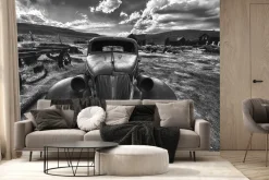 Fototapeta: Czarno-białe zdjęcie wraku samochodu