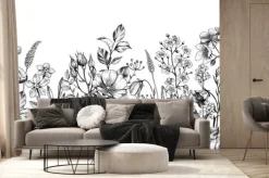 Fototapeta: Czarno-biały rysunek z polnymi kwiatami