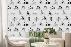 Fototapeta: Czarno-biały wzór z ludźmi na rowerach