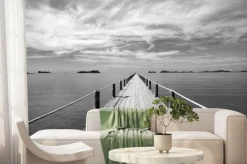 Fototapeta: Czarny i biały krajobraz drewniany most w błękitnym morzu na