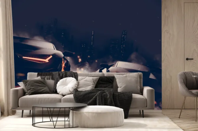 Fototapeta: Czarny matowy wyścig samochodów sportowych w mieście