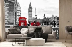 Fototapeta: Czerwona budka telefoniczna na czarno-białym zdjęciu