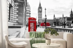 Fototapeta: Czerwona budka telefoniczna na czarno-białym zdjęciu