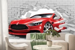 Fototapeta: Czerwone auto przebijające mur