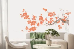 Fototapeta: Czerwone kwiaty wiśni na gałęzi na białym tle