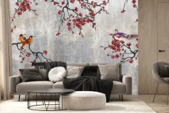 Fototapeta: Czerwone kwiaty z ptakami na betonie