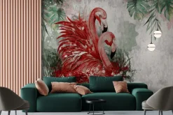 Fototapeta: Czerwone ptaki flamingi i liście monstery