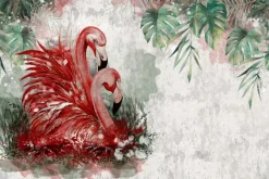 Fototapeta: Czerwone ptaki flamingi i liście monstery