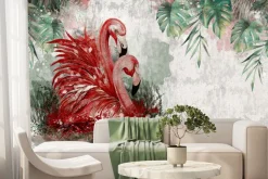 Fototapeta: Czerwone ptaki flamingi i liście monstery