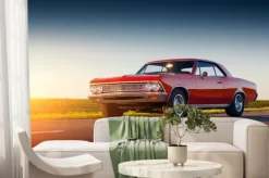 Fototapeta: Czerwone zabytkowe auto na drodze