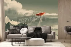 Fototapeta: Czerwony dwupłatowiec na tle gór