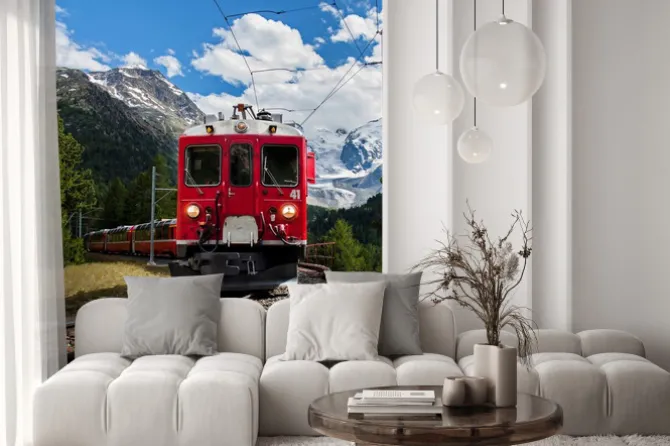 Fototapeta: Czerwony pociąg w górach