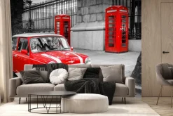 Fototapeta: Czerwony samochód i budki telefoniczne w londynie