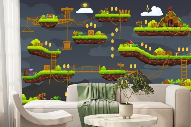 Fototapeta: 2d arcade, retro game night level map interface