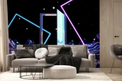 Fototapeta: 3d render sci fi landscape with an open door and neon tubes.