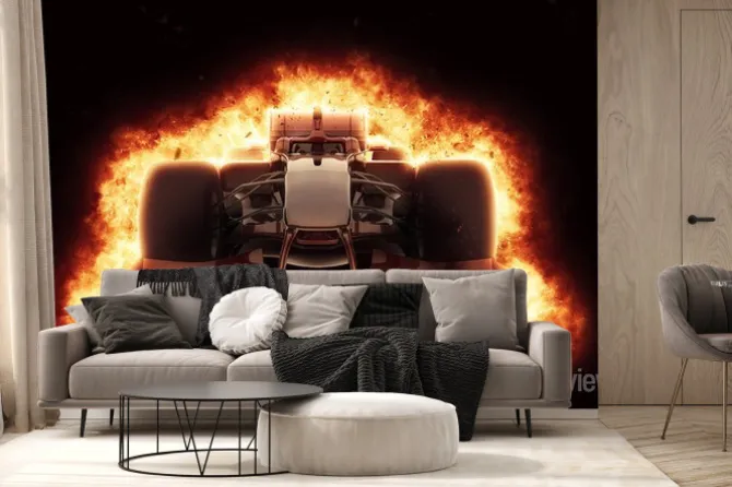 Fototapeta: 3d samochód wyścigowy z ognistym efektem eksplozji