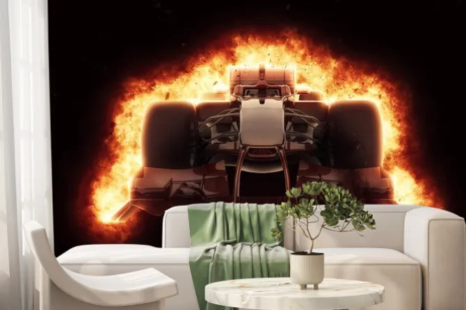 Fototapeta: 3d samochód wyścigowy z ognistym efektem eksplozji