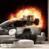 Fototapeta: 3d samochód wyścigowy z ognistym efektem eksplozji
