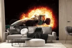 Fototapeta: 3d samochód wyścigowy z ognistym efektem eksplozji