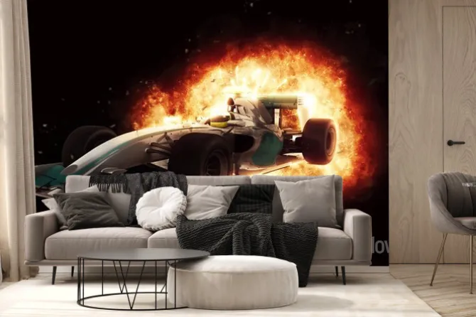 Fototapeta: 3d samochód wyścigowy z ognistym efektem eksplozji