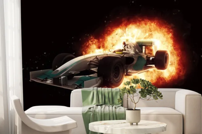 Fototapeta: 3d samochód wyścigowy z ognistym efektem eksplozji