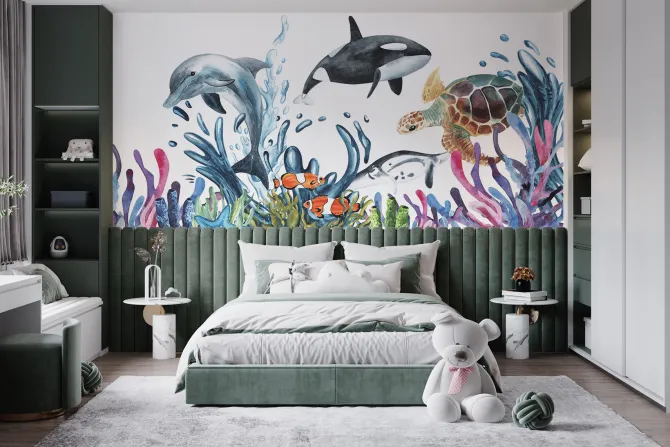 Fototapeta: Delfin i żółw wodny wśród rafy na białym tle