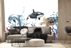 Fototapeta: Delfin i żółw wodny wśród rafy na białym tle