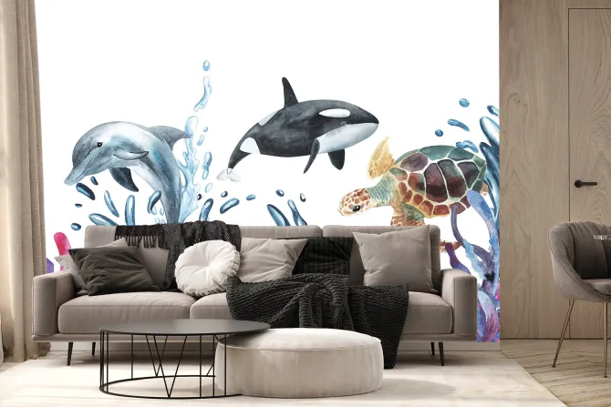 Fototapeta: Delfin i żółw wodny wśród rafy na białym tle