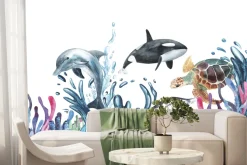 Fototapeta: Delfin i żółw wodny wśród rafy na białym tle