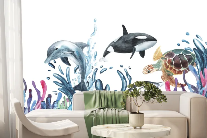 Fototapeta: Delfin i żółw wodny wśród rafy na białym tle