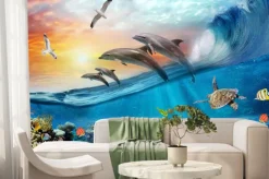 Fototapeta: Delfiny wyskakujące z wody żółw i mewy