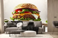 Fototapeta: Delicious beef burger consists of bun bread, patty, pickle, onion,