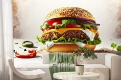 Fototapeta: Delicious beef burger consists of bun bread, patty, pickle, onion,