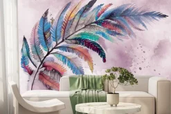 Fototapeta: Delikatne kolorowe pióro na tle akwareli