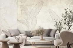 Fototapeta: Delikatne liście bananowca i monstery w stylu szkicu na betonowym