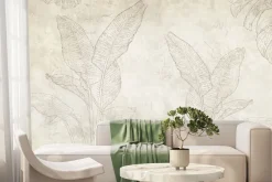 Fototapeta: Delikatne liście bananowca i monstery w stylu szkicu na betonowym